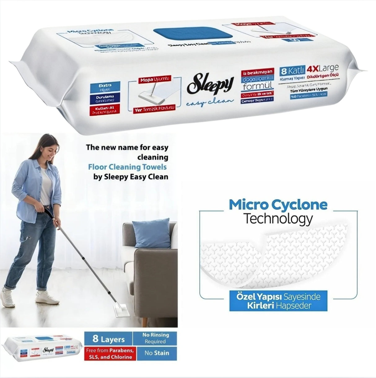 Sleepy 4XL X 50pcs BLEACH ADDITIVE, Mop Compatible Floor Cleaning Towels