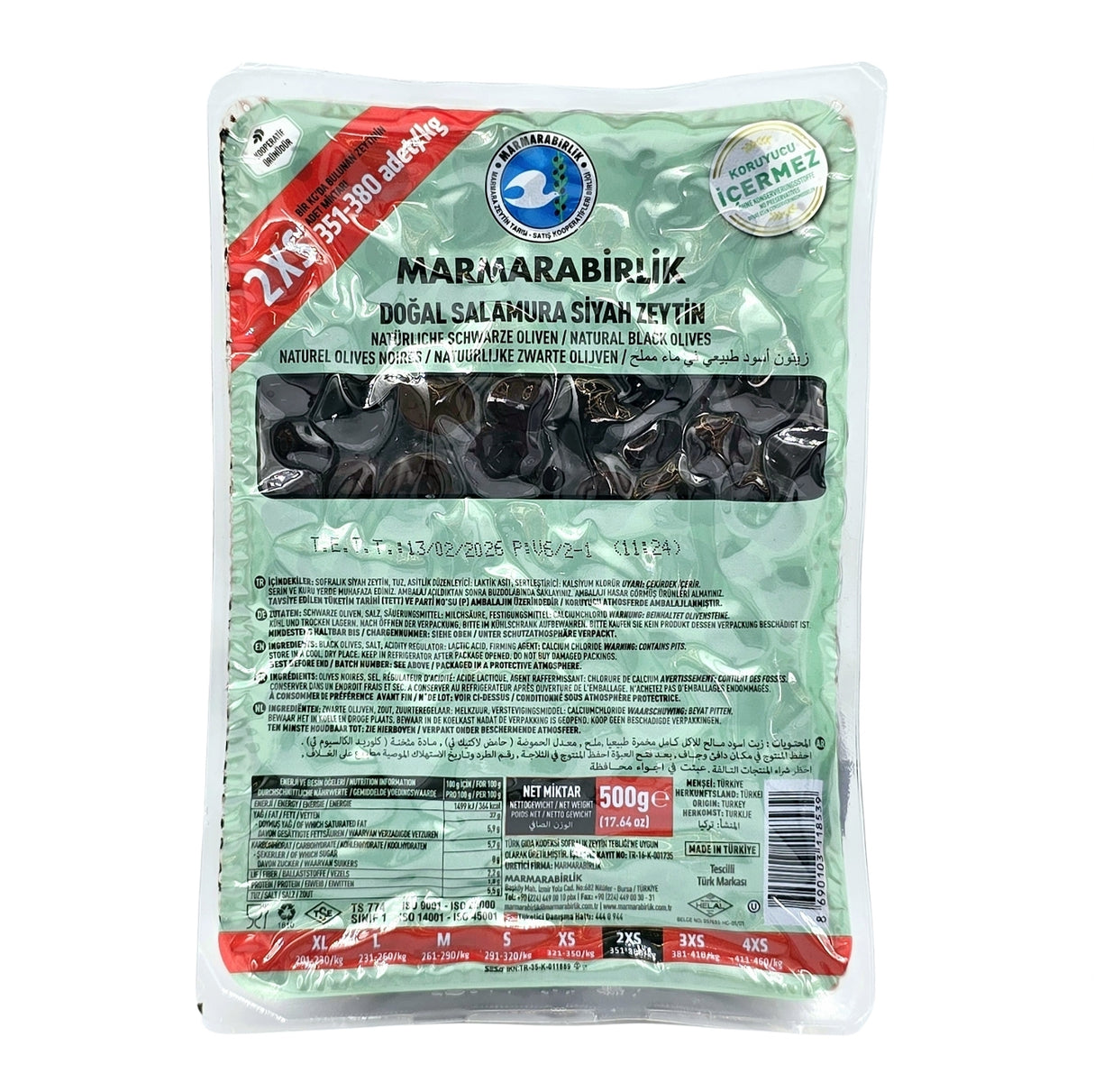 Marmarabirlik Salamura Black Olives Vacuumed 2XS X 500g