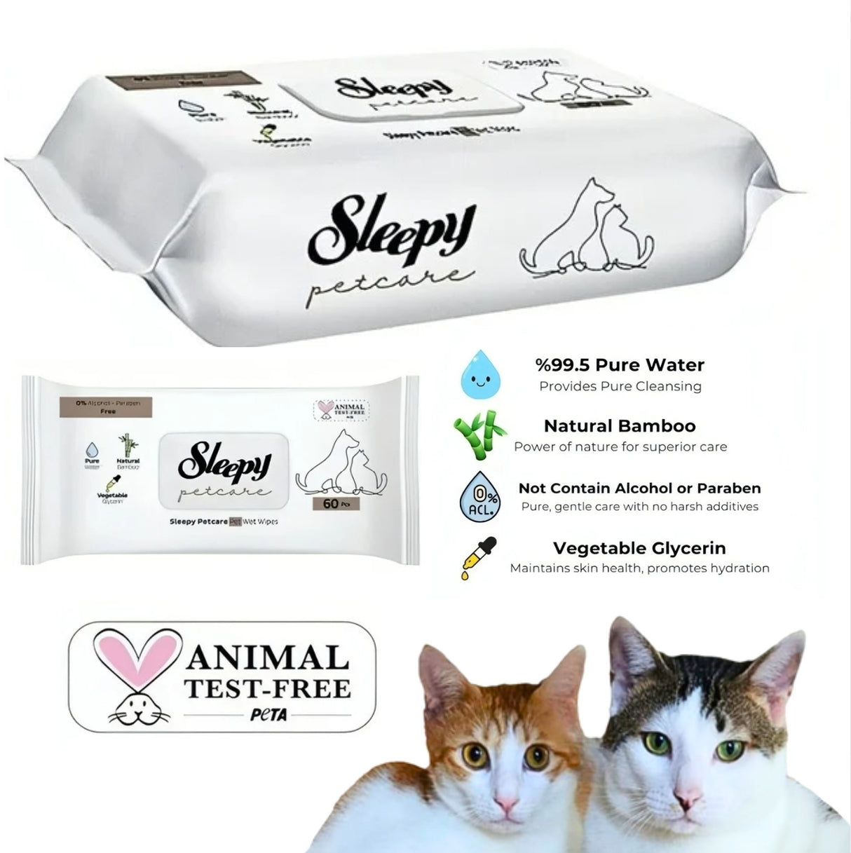 Sleepy Pet Wet Wipes, Natural Bamboo Pure Water & Vegetable Glycerine 60Sheets