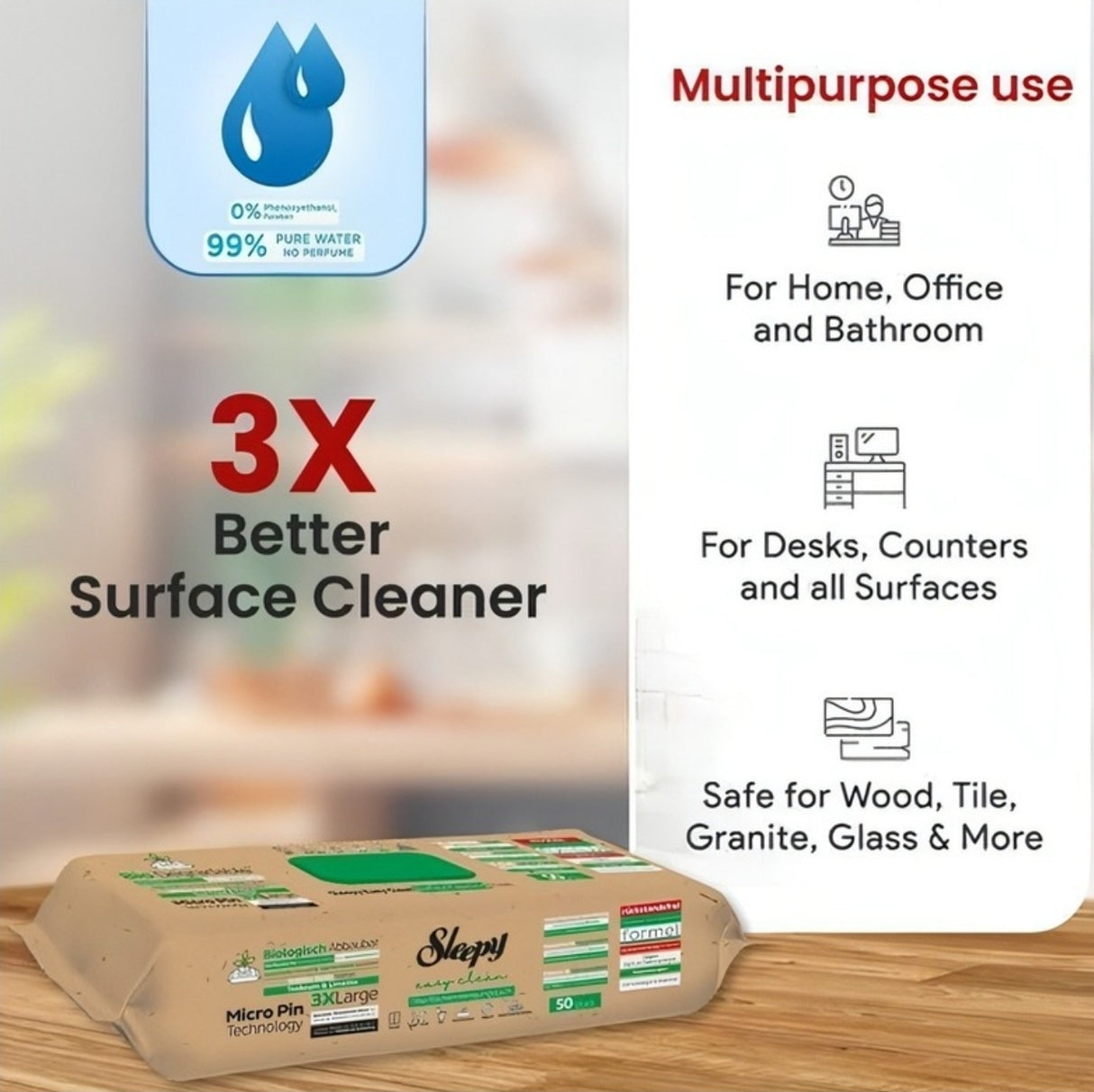 Sleepy 3XL X 50pcsBio Degradable White Vinegar Tea & Lime Surface Cleaning Towels