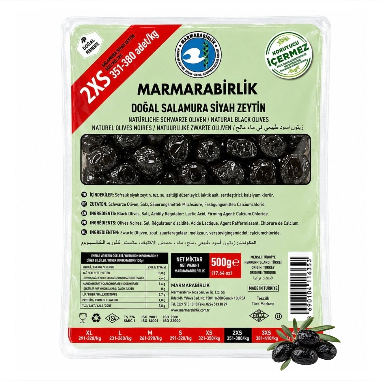 Marmarabirlik Salamura Black Olives Vacuumed 2XS X 500g