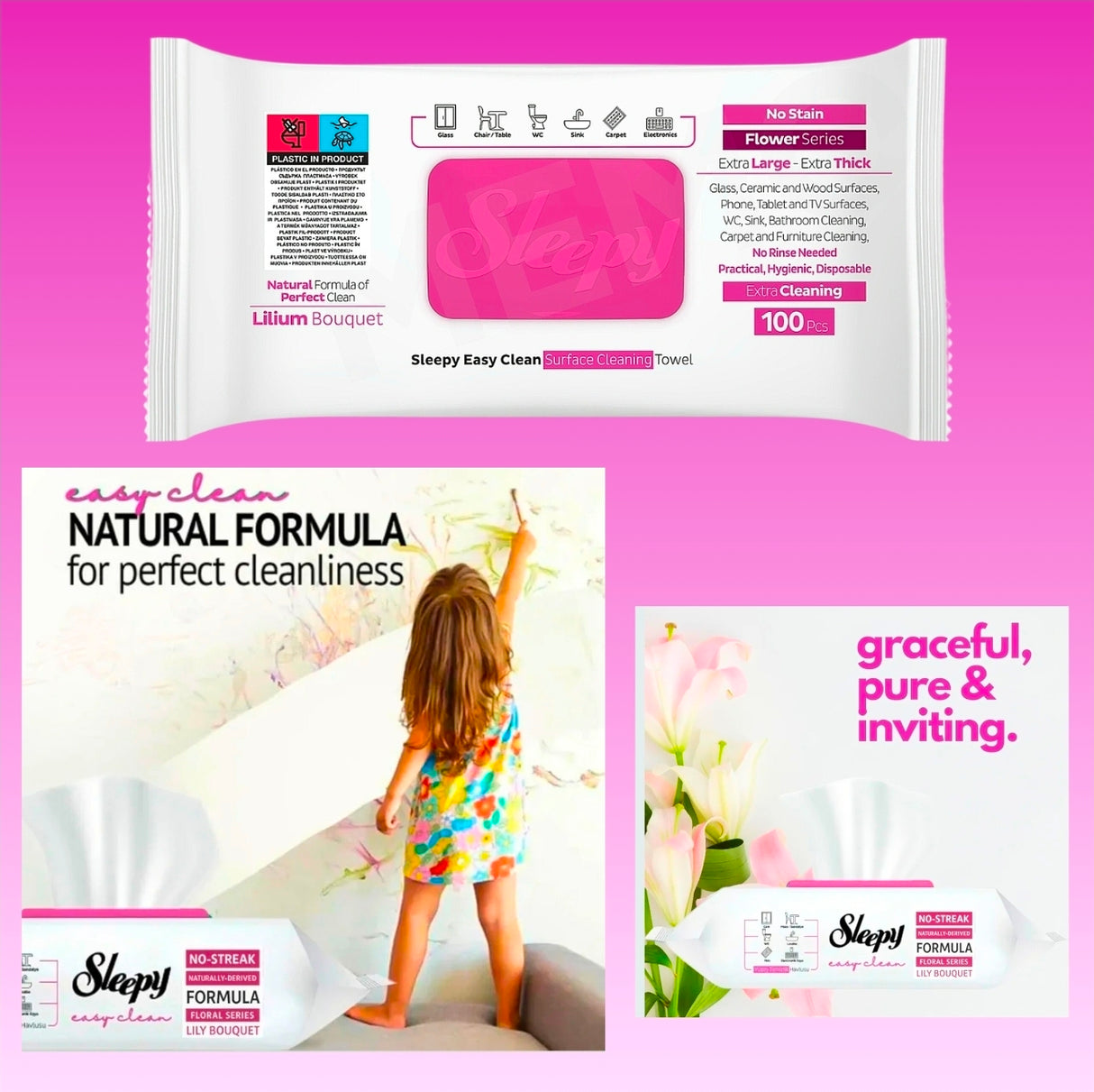 Sleepy Lilium Bouquet,Easy Clean Multi-Surface Cleaning Wipes 100 Sheets