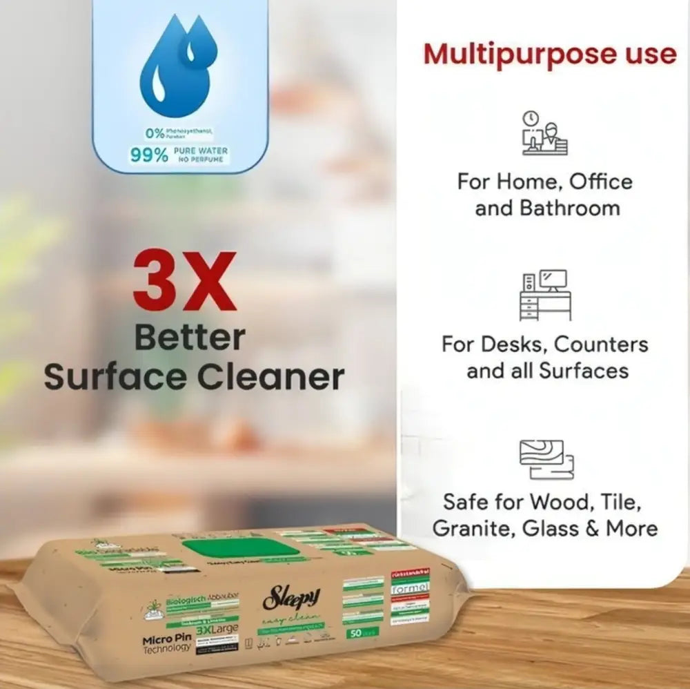 Sleepy 3XL X 50pcsBio Degradable White Vinegar Tea & Lime Surface Cleaning Towels Sleepy 3XL / 50pcsBio Degradable