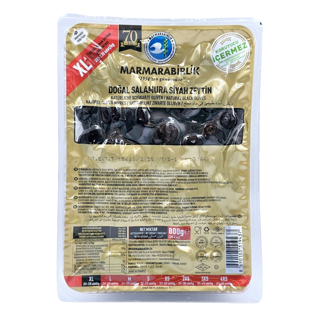 MarmaraBirlik Salamura Black Olives Extra XL vacuumed 800 Gr